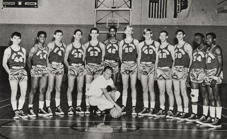 Keith Wilkes and Santa Barbara High School basketball players : 1969-70 ; l. to r. Dennis Muroka, Alton Hayes, Bob Verlaan, Louie Tomberg, Ron Murell, Coach Trigueiro, Keith Wilkes, Don Ford, Mike Macy, Bruce Crist, Bob Demetriou, Bob Thompson, Dave Jackson, Keith (later Jamaal) Wilkes became a famous professional player.